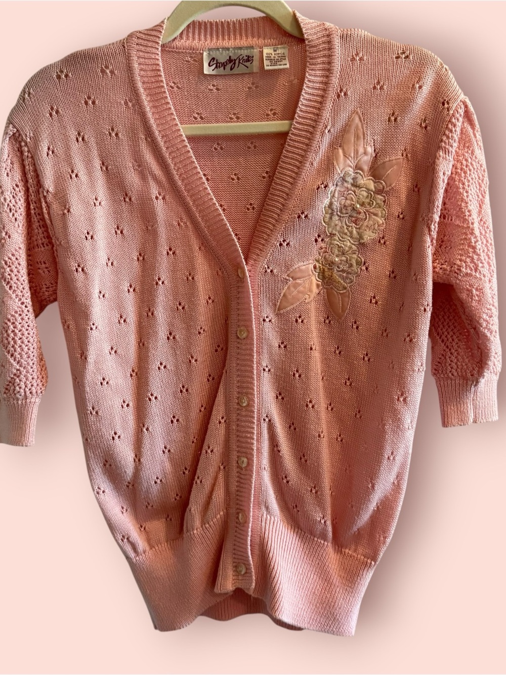 Vintage Pink Pointelle Knit Cardigan Floral Appliqué Cottagecore
